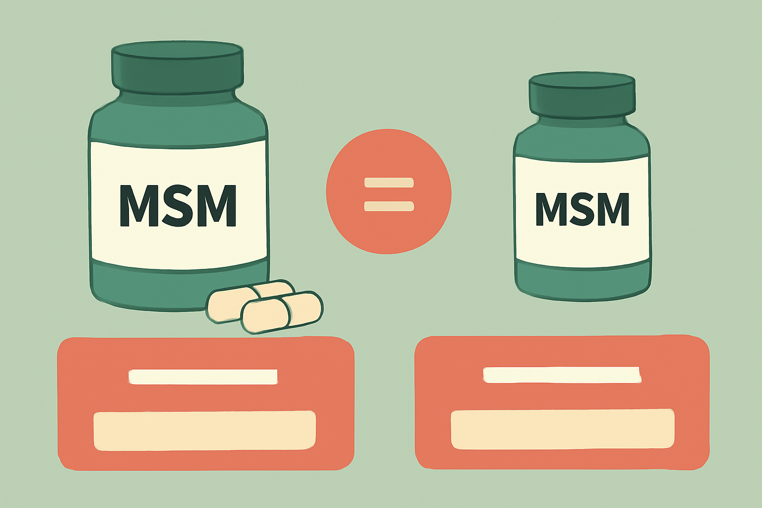 MSM 제품 두 개의 총 섭취일과 1일 가격, MSM 1g당 가격을 계산하는 비교표