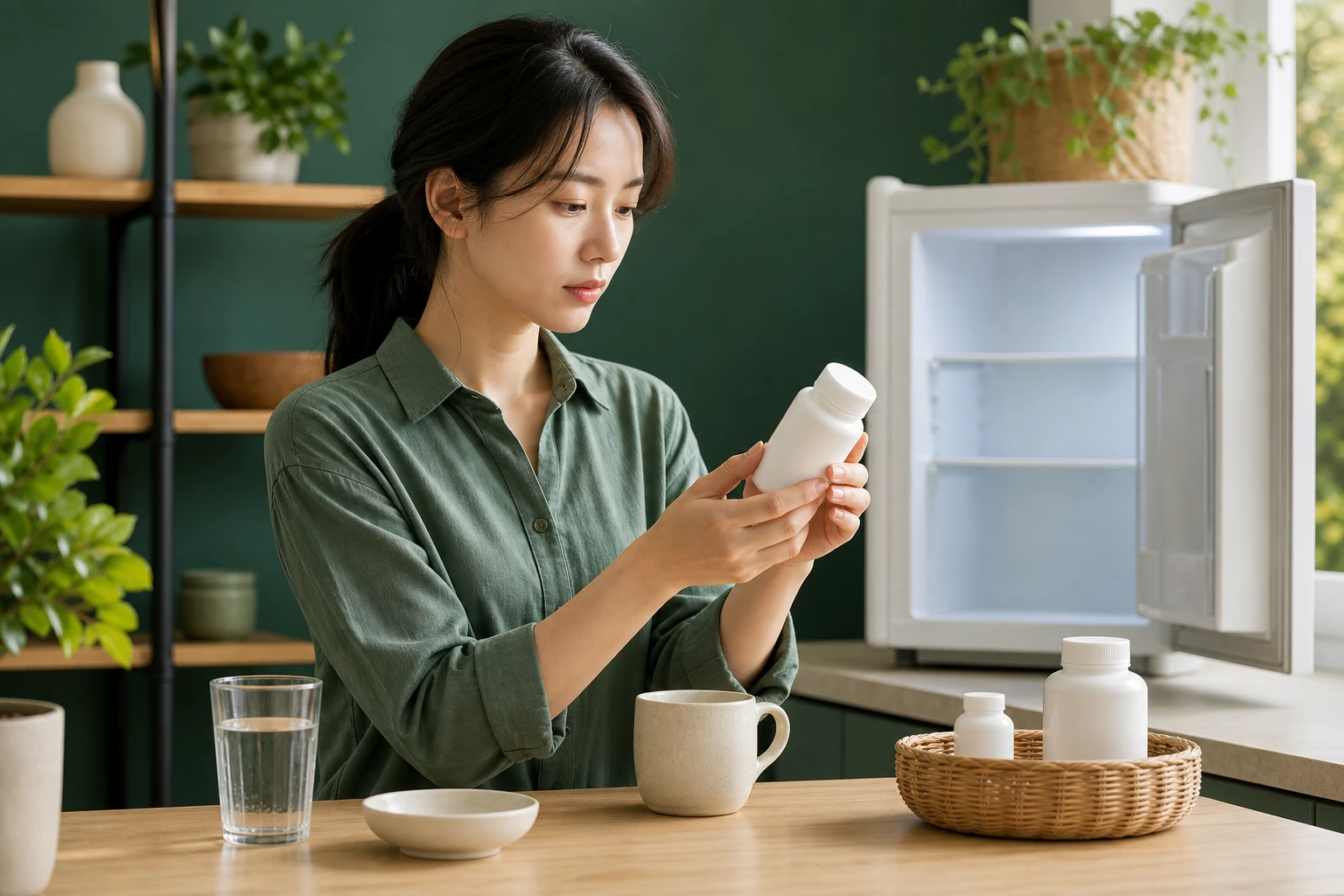 프로바이오틱스 제품 라벨에서 기능성 원료, 균주, 소비기한, 제형과 보관방법을 순서대로 확인하는 장면