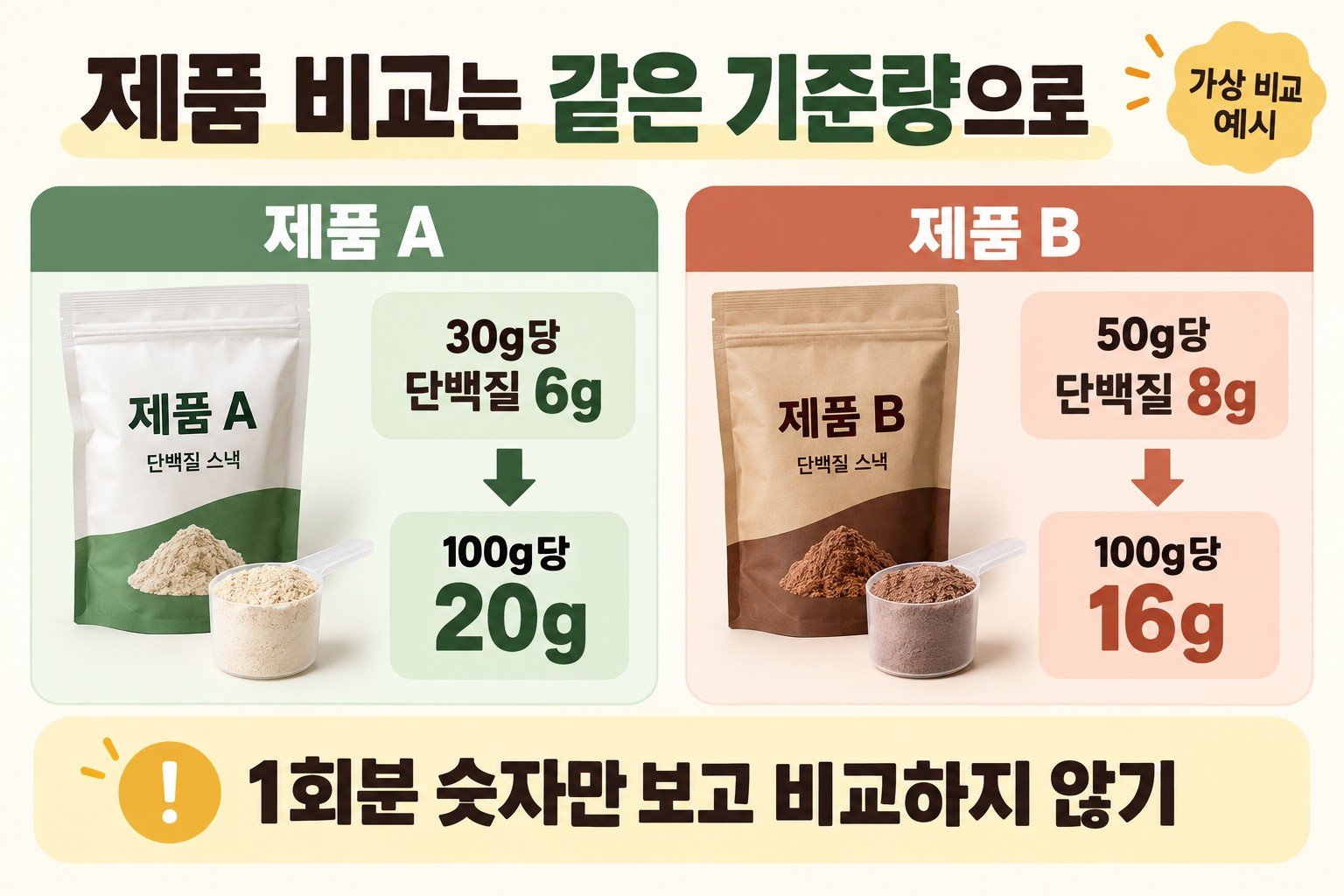 제품 A와 B의 단백질을 100g 기준 20g과 16g으로 맞춰 비교하는 가상 예시