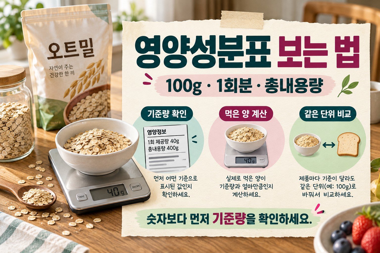 영양성분표 보는 법: 100g·1회분·총내용량 계산 3가지 예시