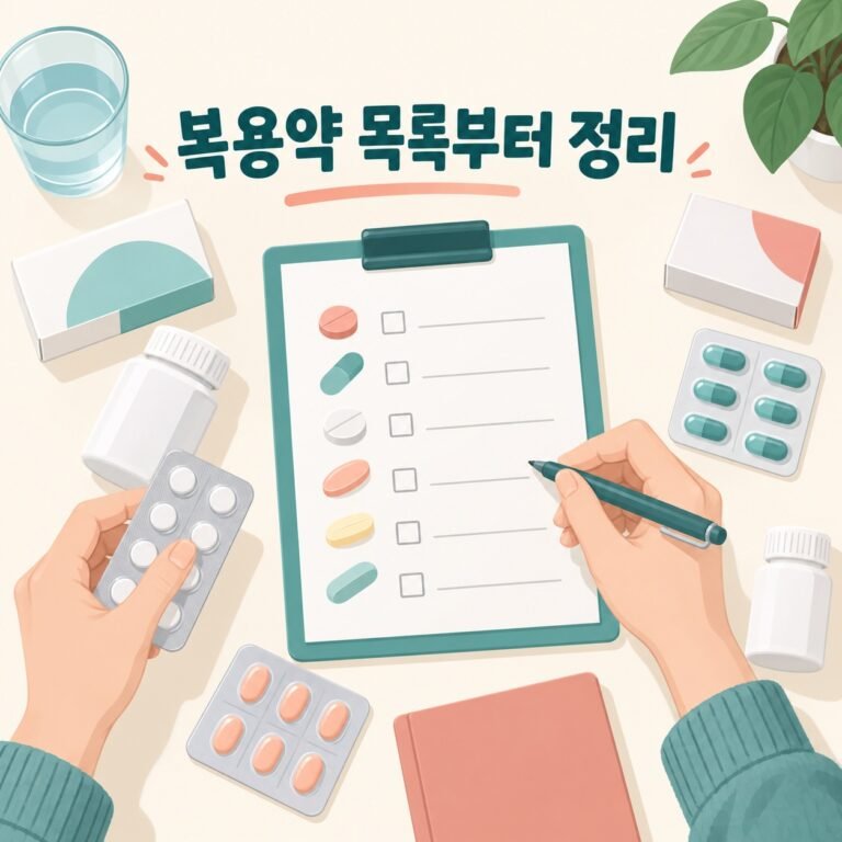 약 봉투와 제품 정보를 복용약 목록으로 정리하는 모습