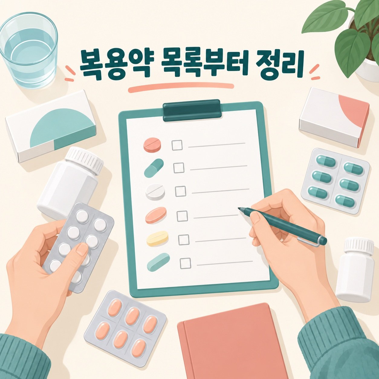 약 봉투와 제품 정보를 복용약 목록으로 정리하는 모습