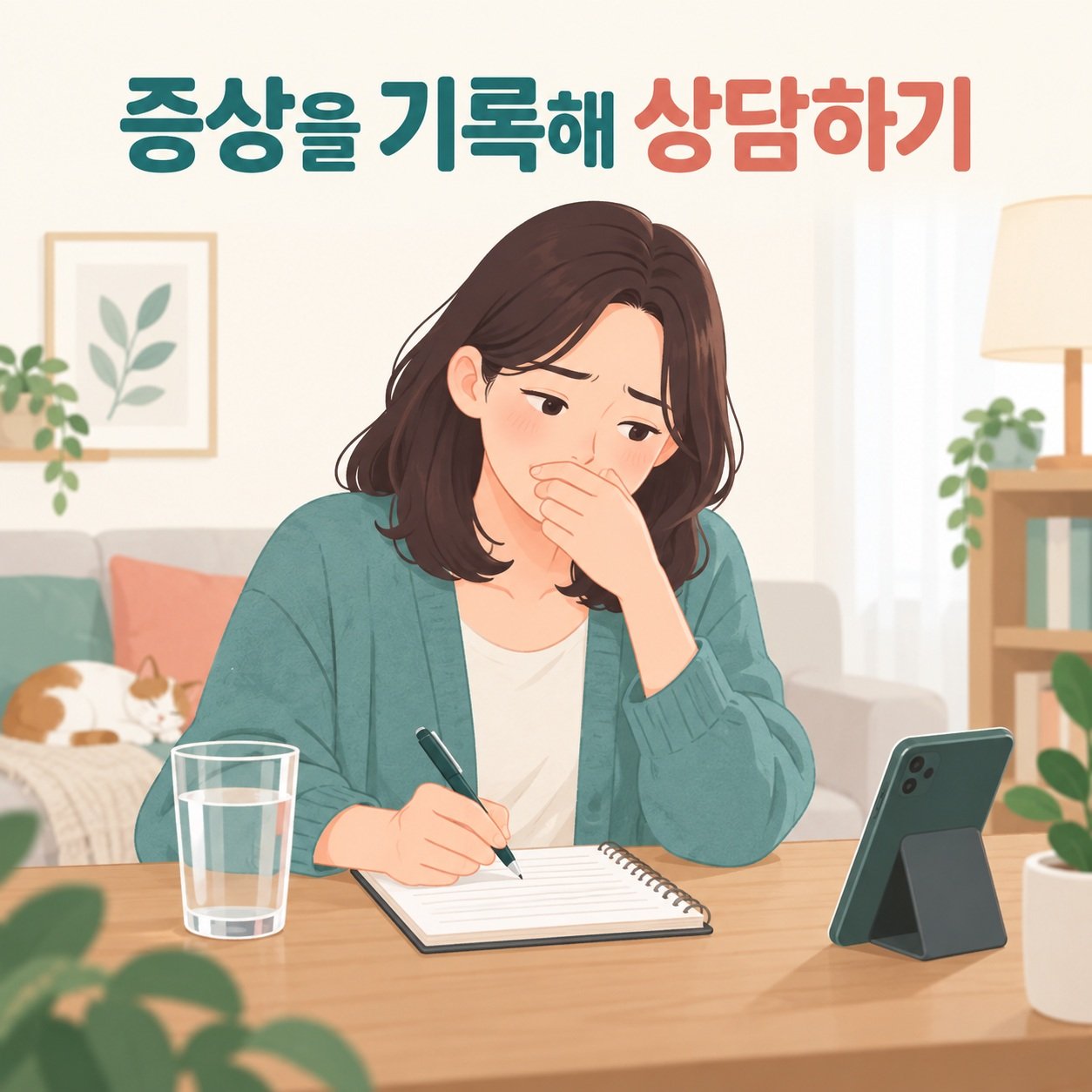 메스꺼움과 구토의 발생 시점을 기록하며 상담을 준비하는 모습