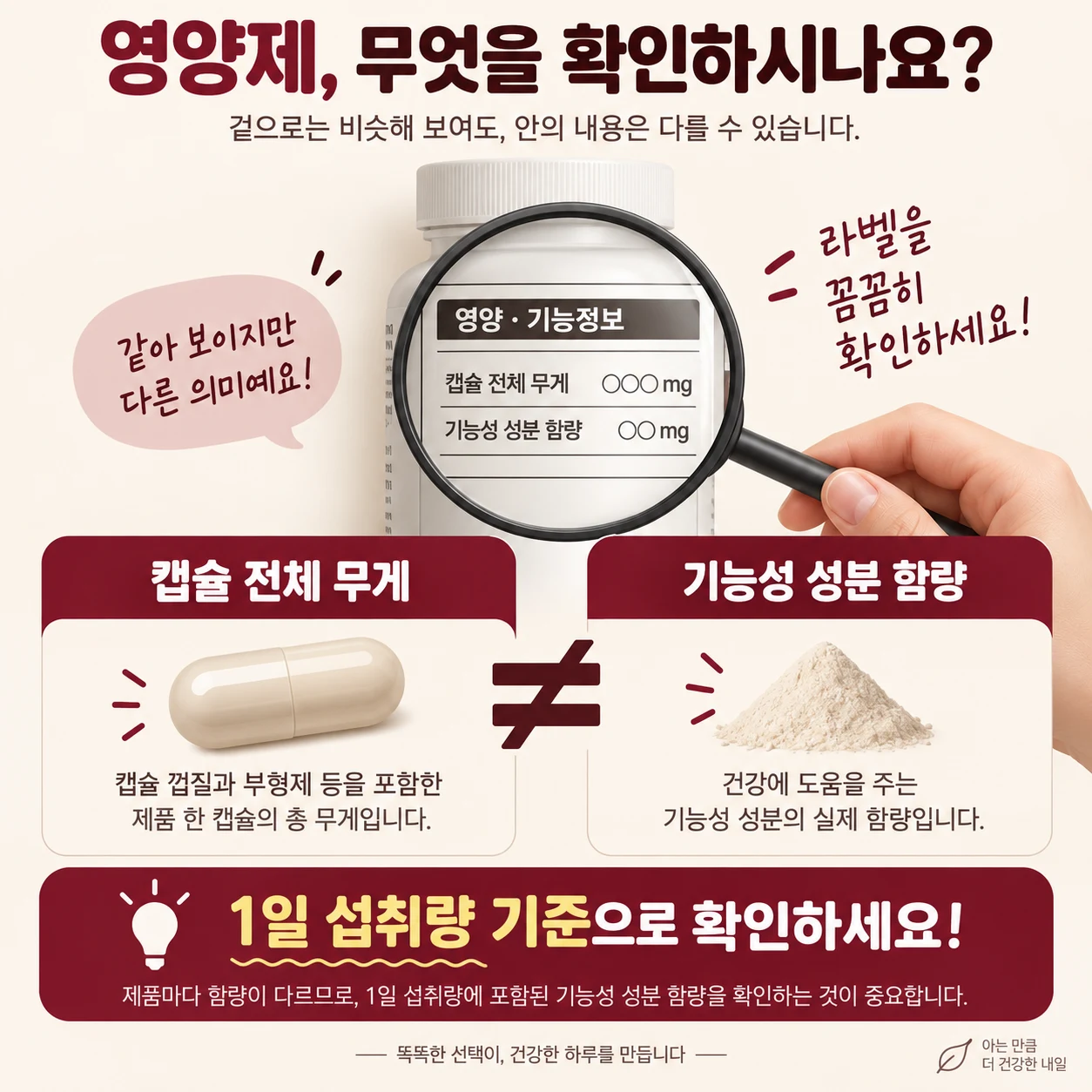 캡슐 전체 무게와 기능성 성분 함량은 다르다는 표시 읽기