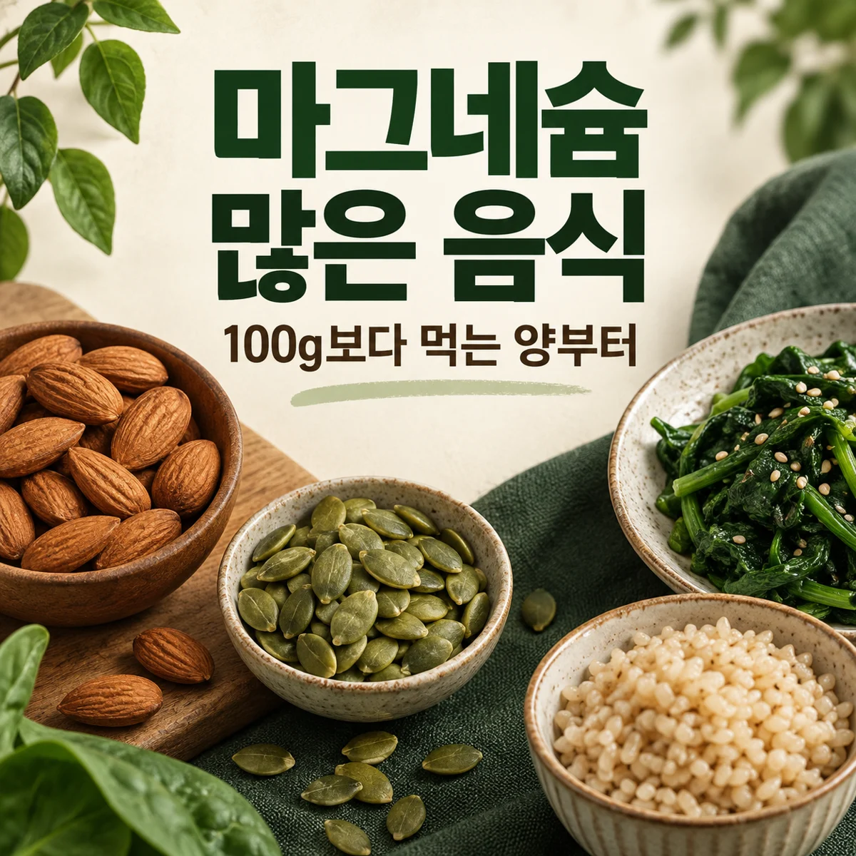 마그네슘 많은 음식을 실제 먹는 양으로 비교하는 안내