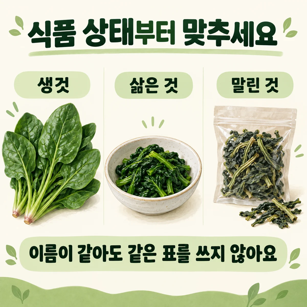 시금치 생것과 삶은 것, 말린 것을 구분한 뒤 식품 자료를 고르는 비교 그림